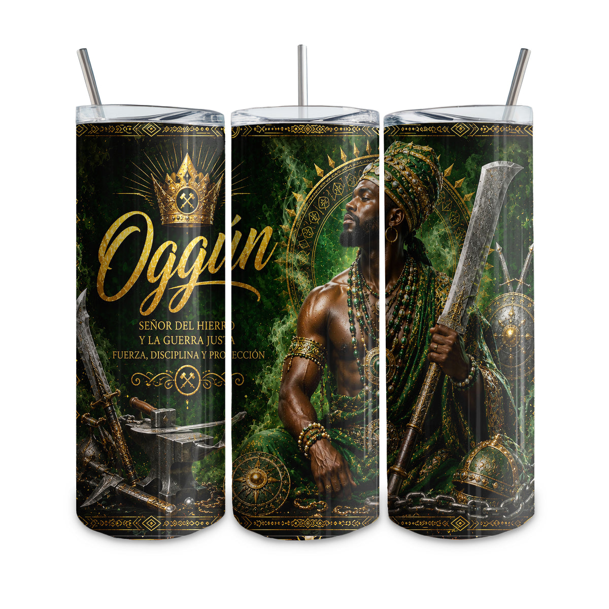 20 oz thermal tumbler, straight glass type, with custom design. Yoruba Religion
