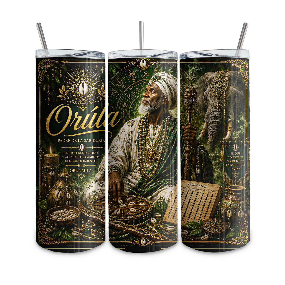 20 oz thermal tumbler, straight glass type, with custom design. Yoruba Religion