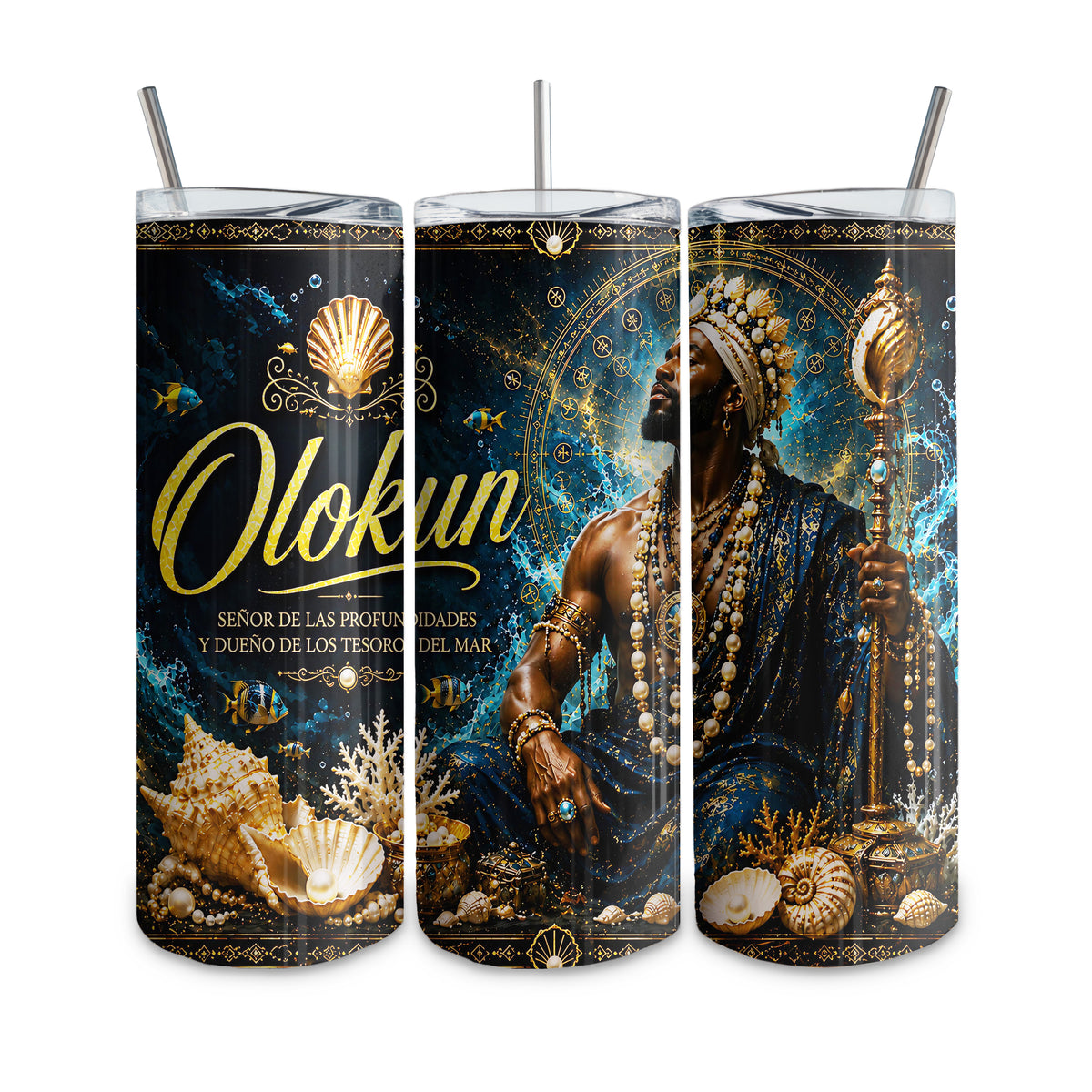 20 oz thermal tumbler, straight glass type, with custom design. Yoruba Religion