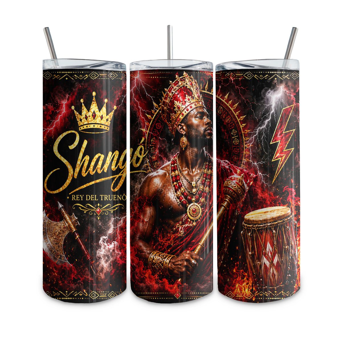 20 oz thermal tumbler, straight glass type, with custom design. Yoruba Religion