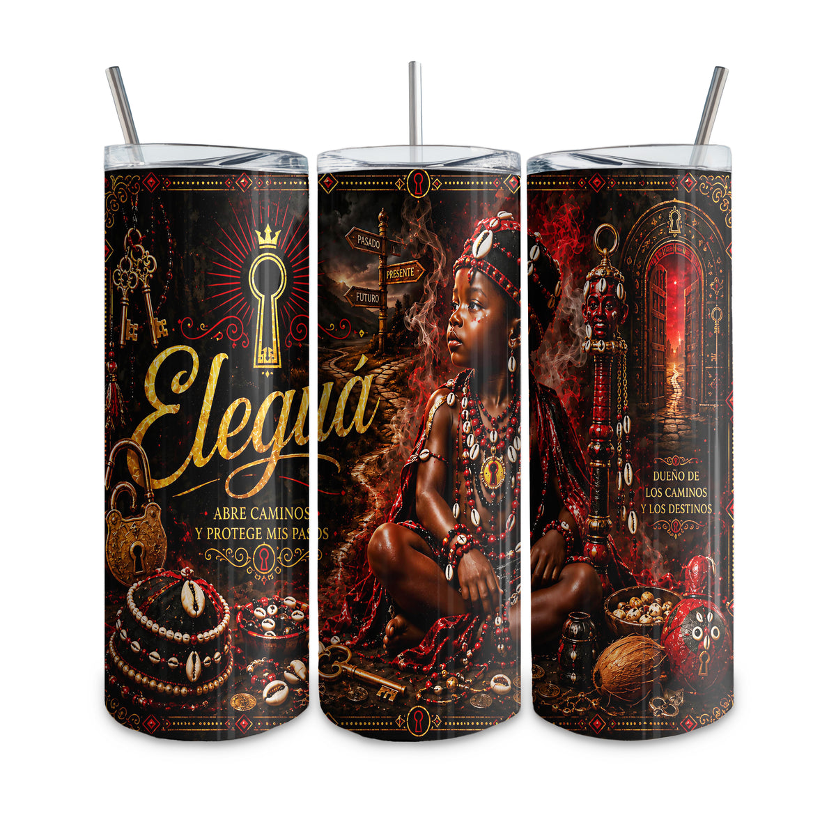 20 oz thermal tumbler, straight glass type, with custom design. Yoruba Religion