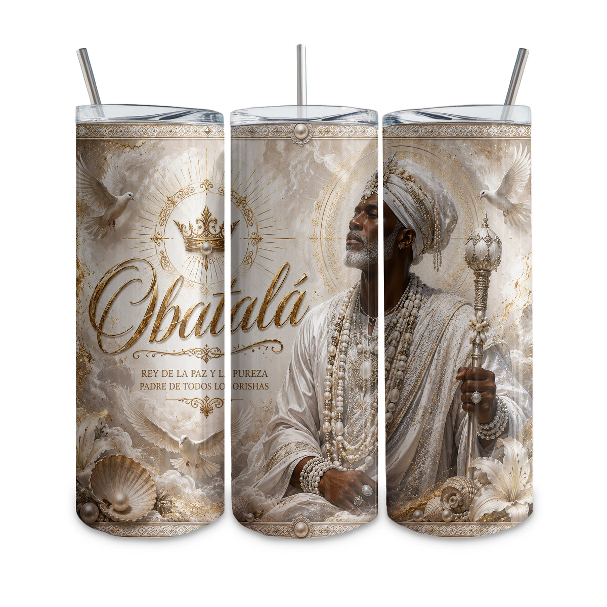 20 oz thermal tumbler, straight glass type, with custom design. Yoruba Religion
