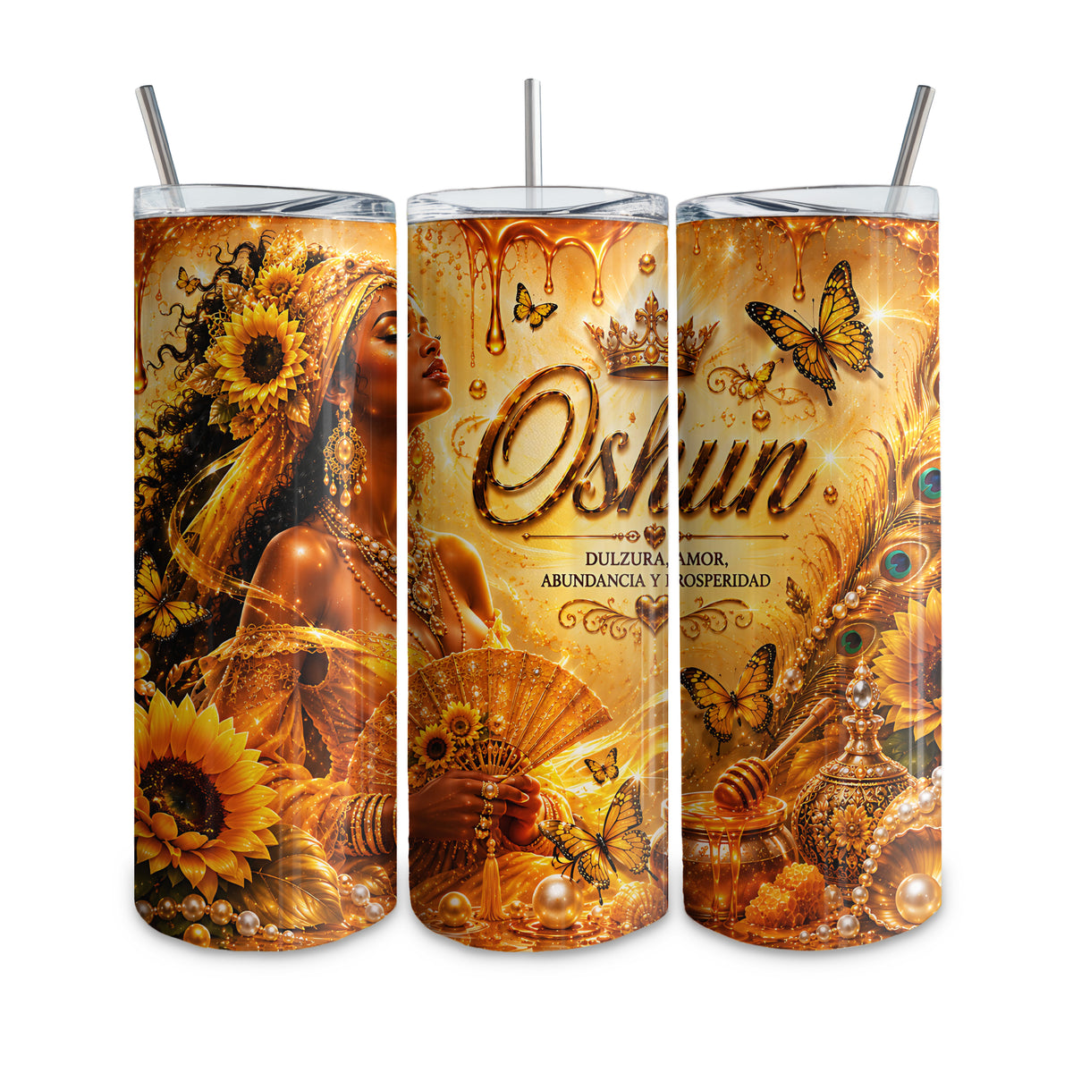 20 oz thermal tumbler, straight glass type, with custom design. Yoruba Religion