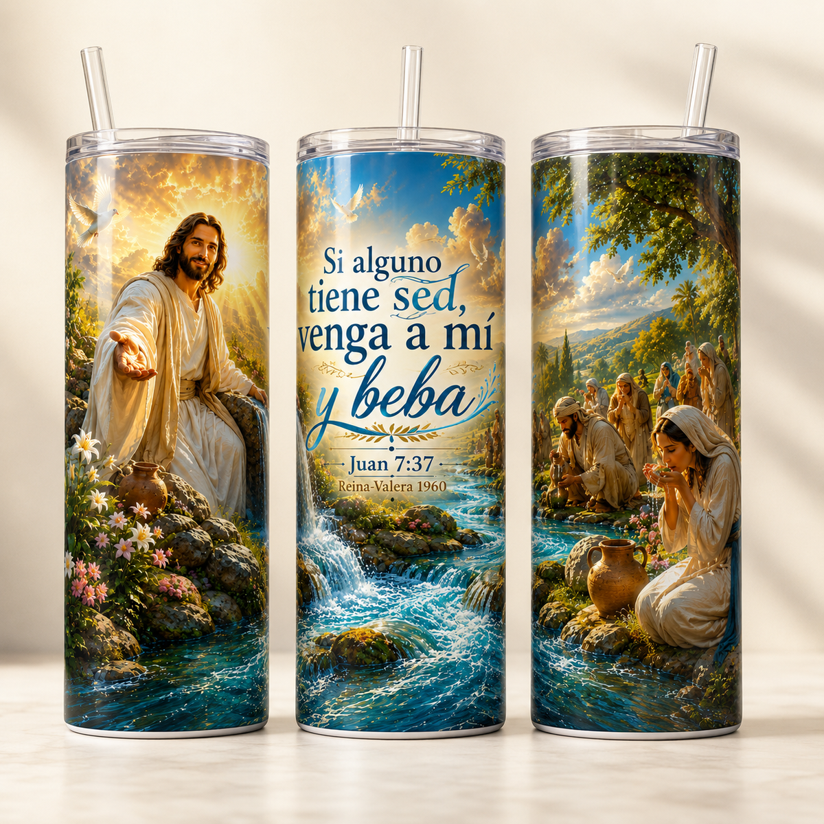 20 oz Straight Tumbler, Stainless Steel, with John 7:37 Bible Verse Design