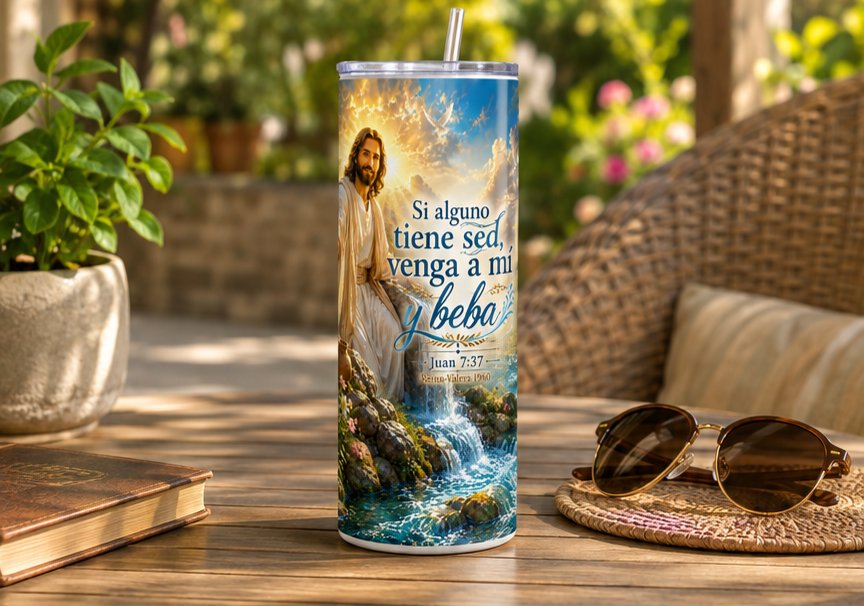 20 oz Straight Tumbler, Stainless Steel, with John 7:37 Bible Verse Design