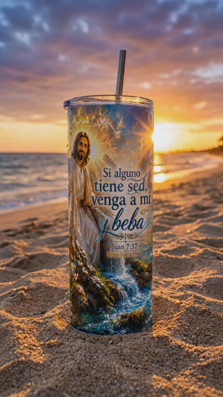 20 oz Straight Tumbler, Stainless Steel, with John 7:37 Bible Verse Design