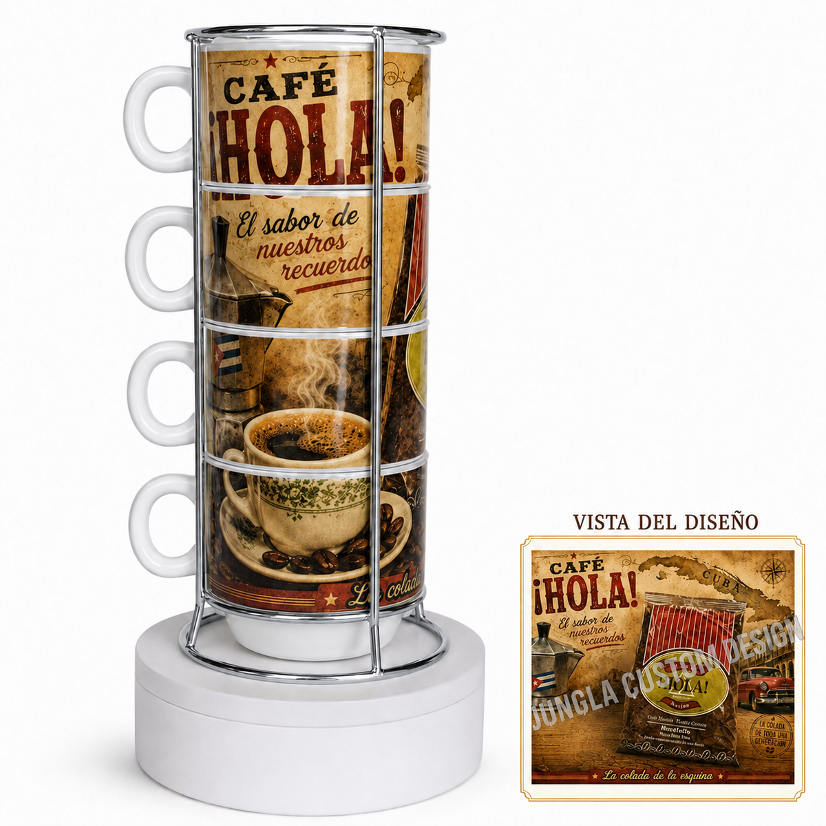 Cafe Hola Set of 4 Stackable 6 oz Espresso Cups with Gold-Tone Stand – Cuban Coffee Design