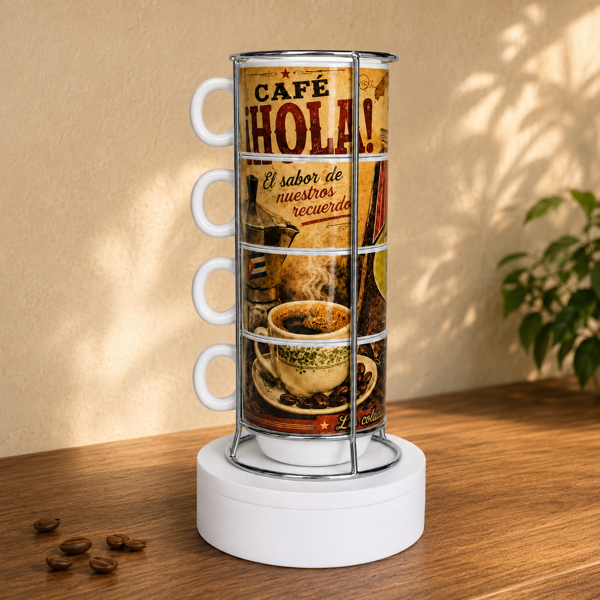 Cafe Hola Set of 4 Stackable 6 oz Espresso Cups with Gold-Tone Stand – Cuban Coffee Design