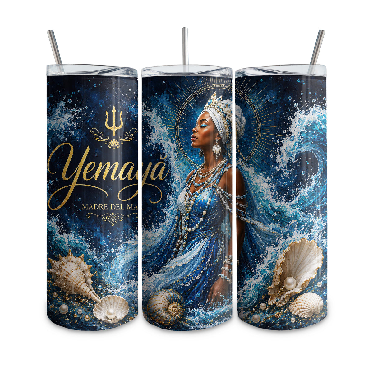 20 oz thermal tumbler, straight glass type, with custom design. Yoruba Religion
